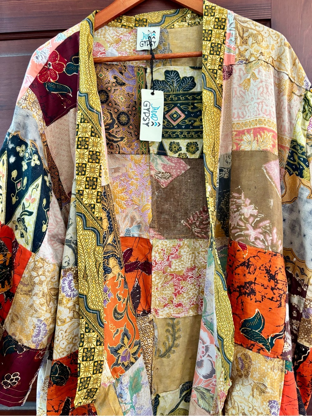 NWT Jaded Gypsy Multicolor Patchwork Kimono Jacket - Yellow, Orange, Burgundy - Picture 2 of 9